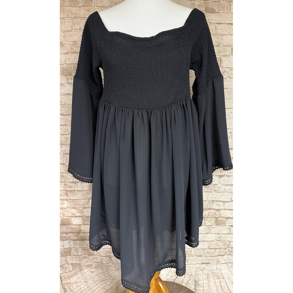 Torrid 1X Smocked Off Shoulder Skater Dress Lace Bell Sleeve Black 14/16